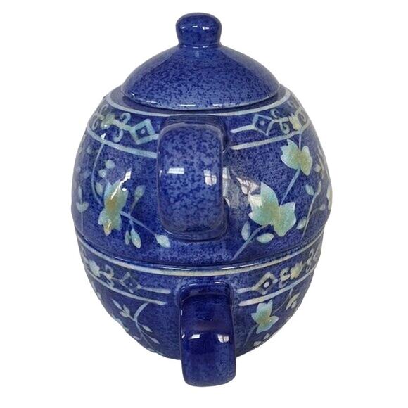 World Market Tea For One Blue Floral Ceramic Teapot/Cup Combo Stackable - Picture 4 of 14